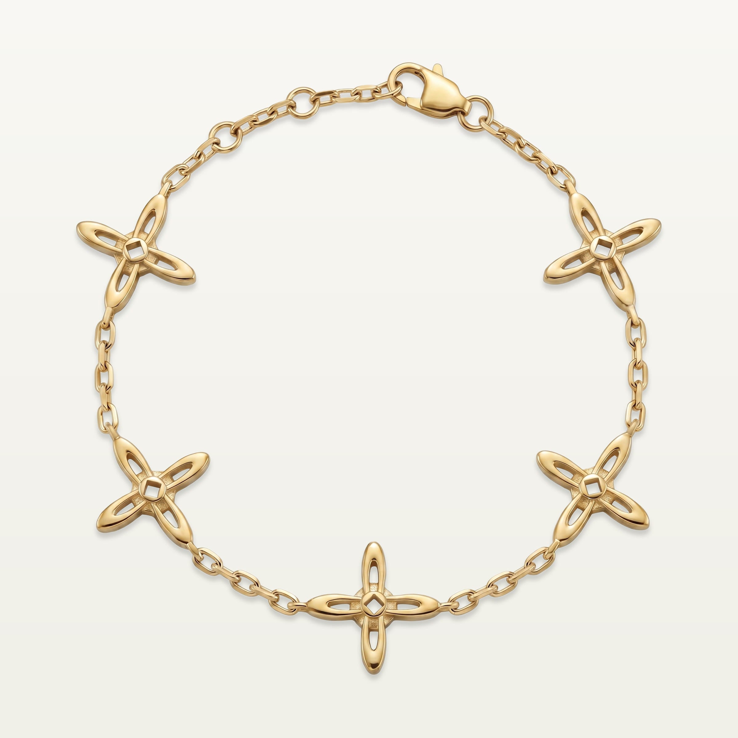Ovis & Co. Celestial Armband Gold – Edelstahlarmband mit 5 filigranen Kreuz-Anhängern, designed in Frankfurt