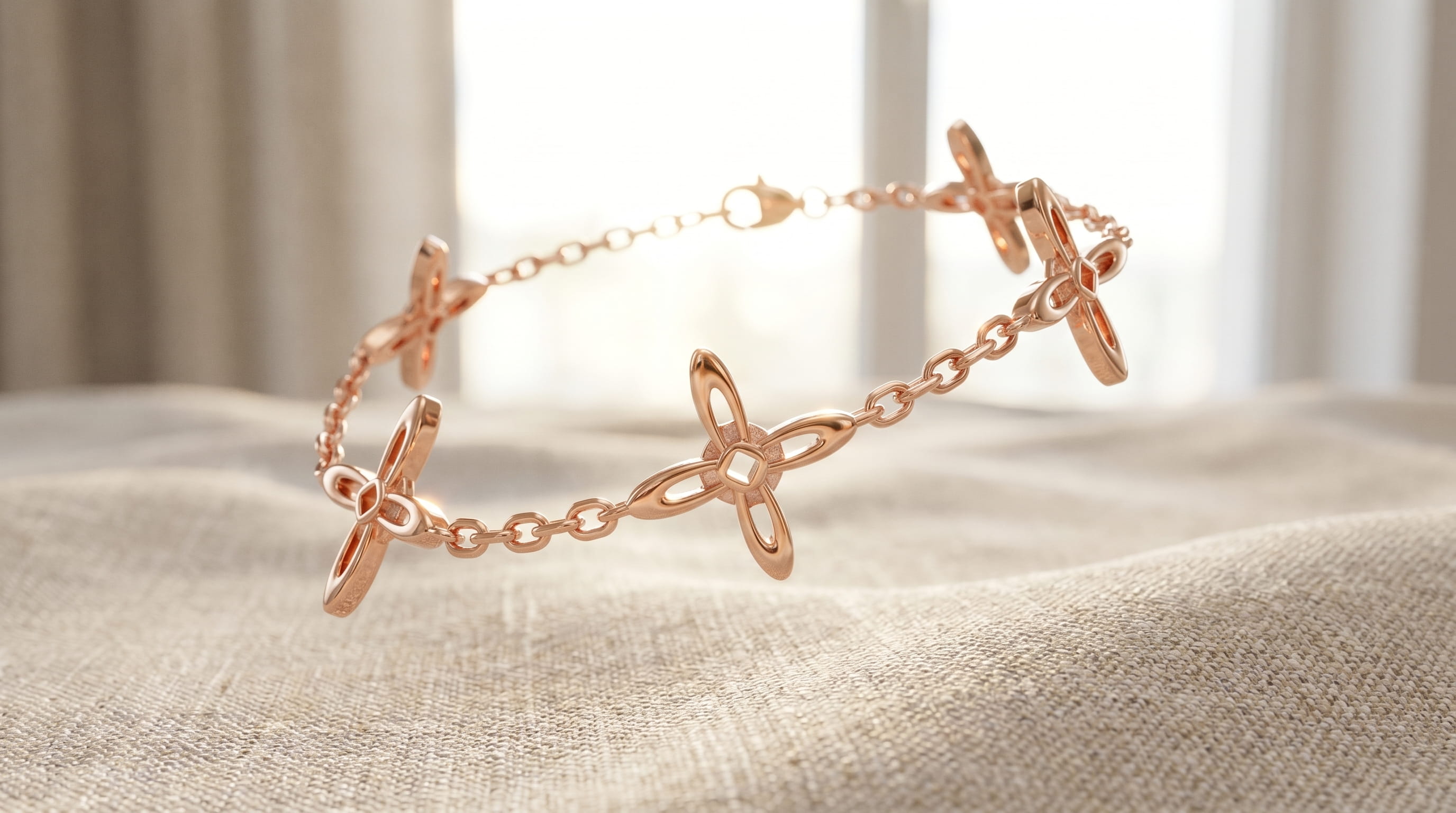 Ovis & Co. Celestial Armband Roségold – Edelstahlarmband mit 5 filigranen Kreuz-Anhängern, freischwebend über natürlichem Leinenstoff, langlebige Veredelung, designed in Frankfurt