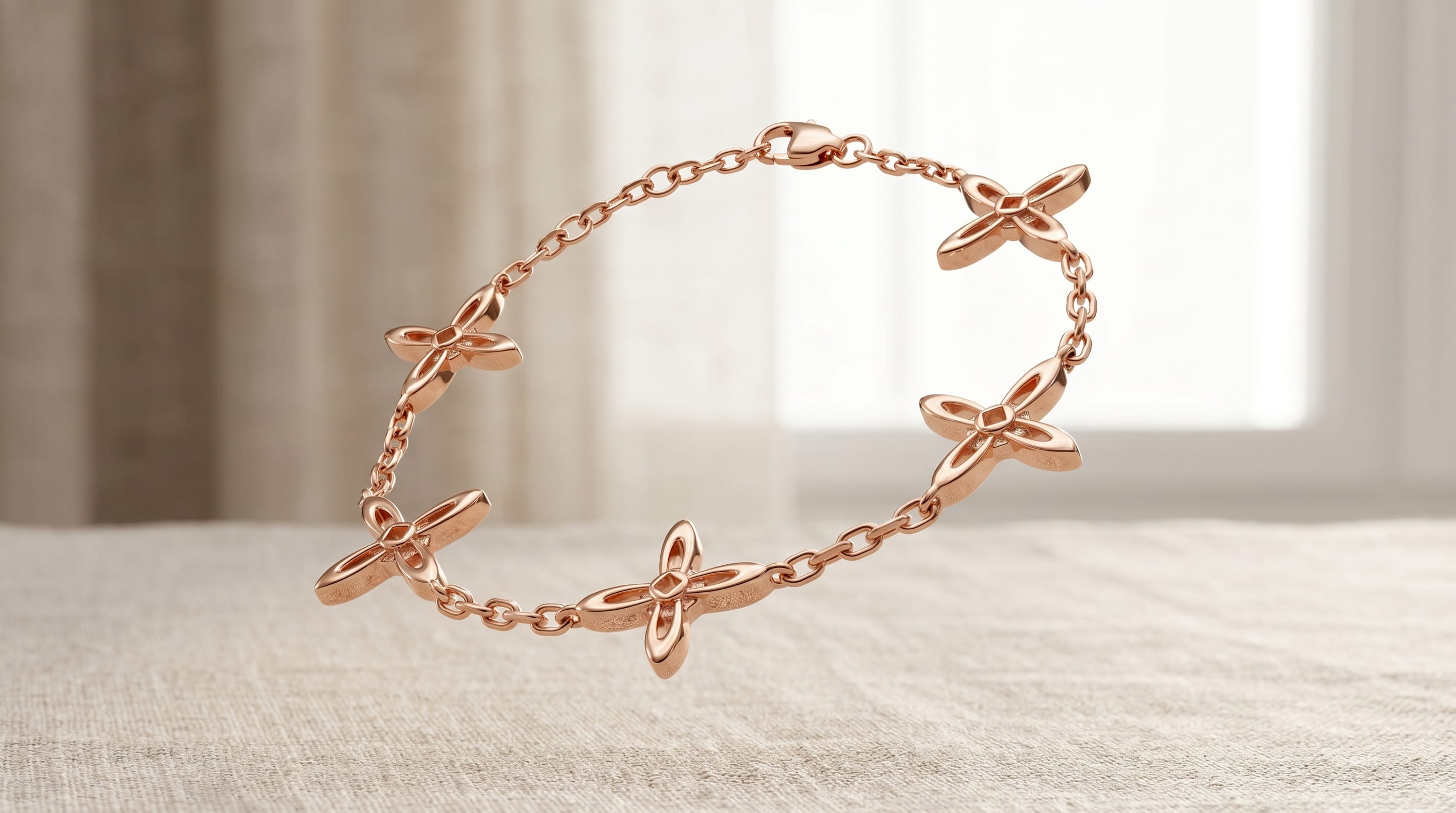 Ovis & Co. Celestial Armband Roségold – Edelstahlarmband mit 5 filigranen Kreuz-Anhängern auf Leinenstoff, freischwebend, langlebige Veredelung, designed in Frankfurt