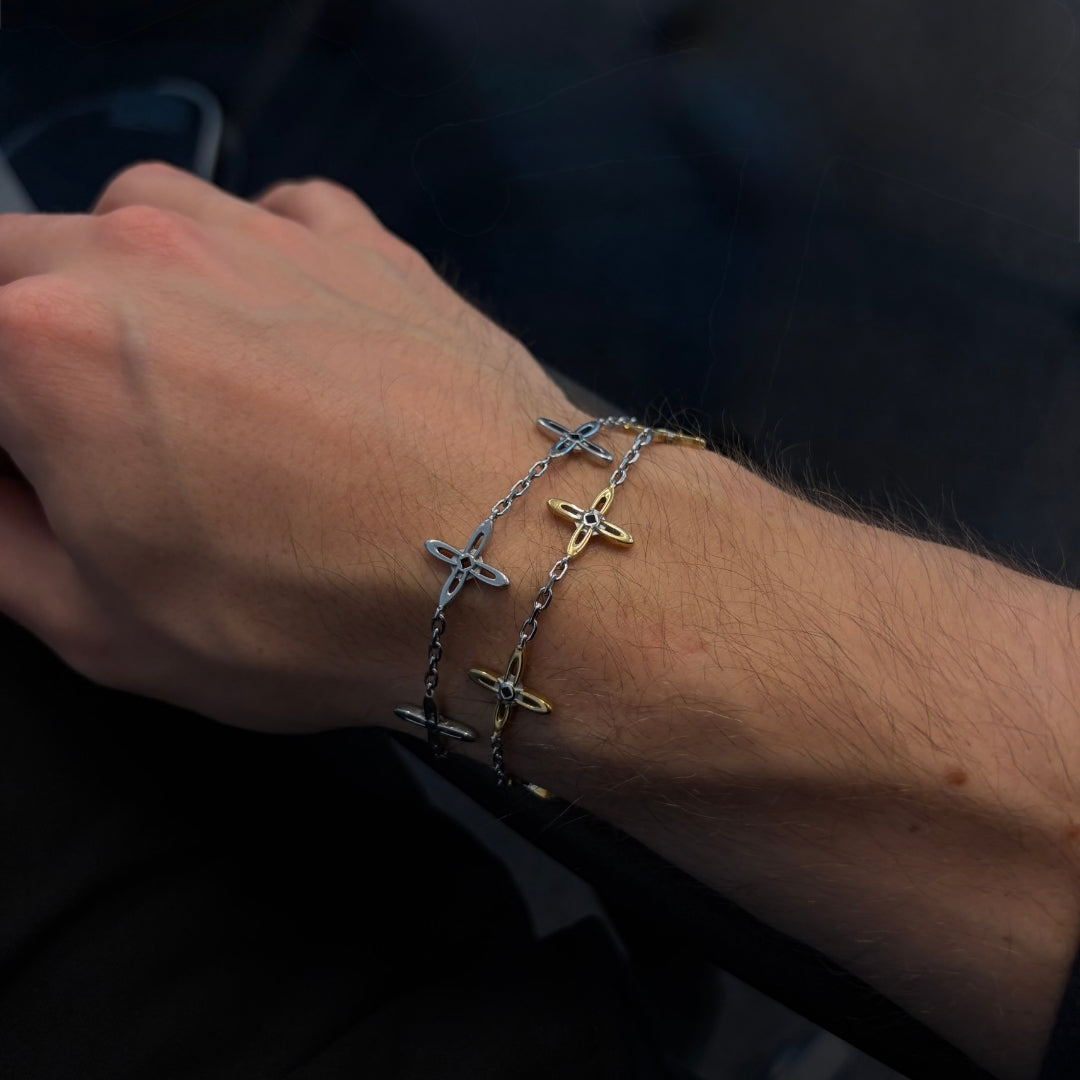 Ovis & Co. Celestial Armband Silber und Gold – zwei Edelstahlarmbänder gestacked am Handgelenk, Stacking-Look für Herren, designed in Frankfurt