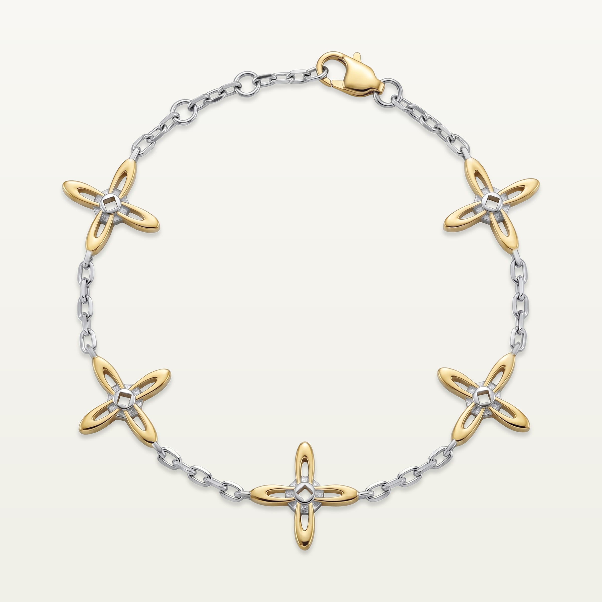 Ovis & Co. Celestial Armband Two-Tone – Edelstahlarmband mit 5 filigranen Kreuz-Anhängern in Silber und Gold, designed in Frankfurt