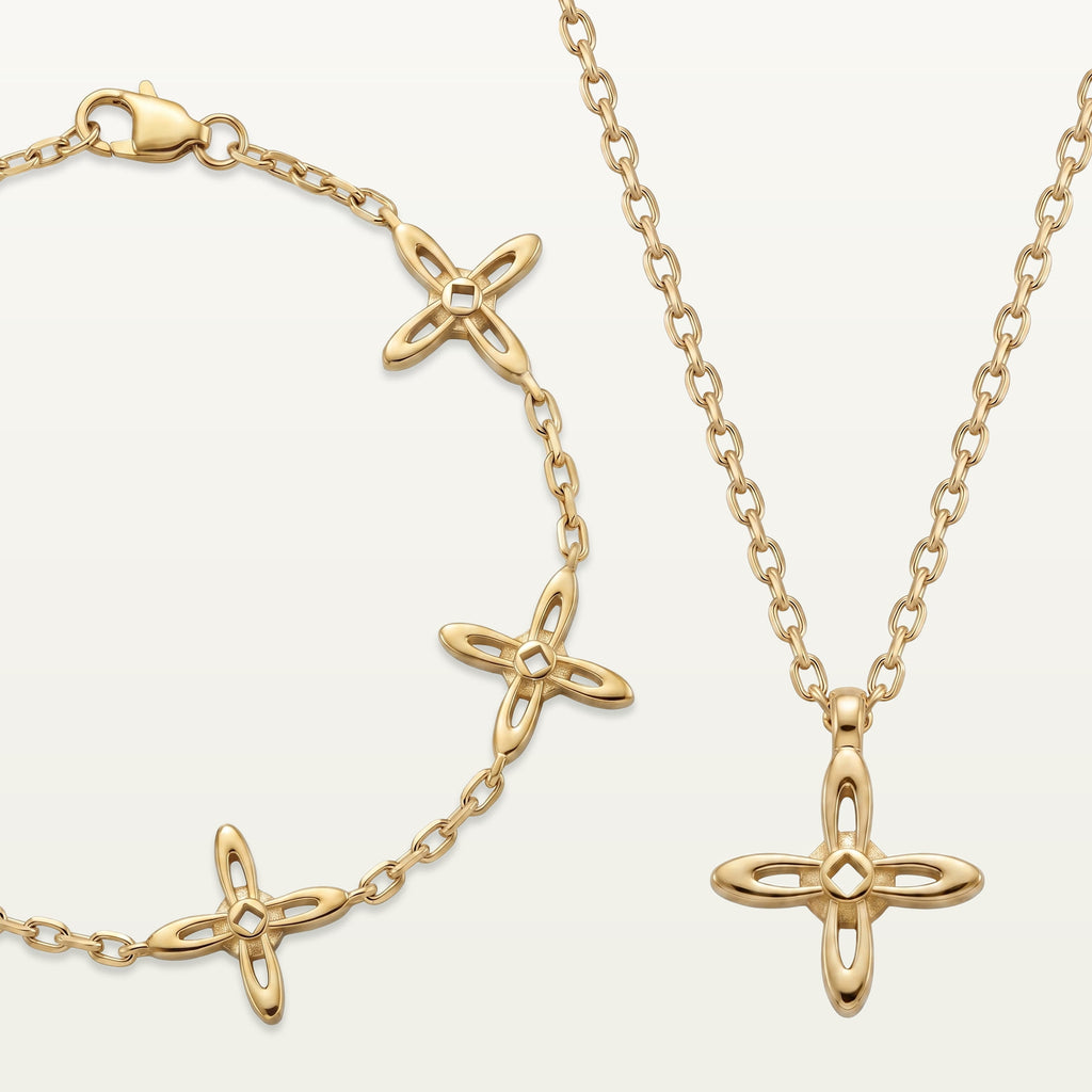Ovis & Co. Celestial Set Gold – Edelstahl-Armband mit 5 Anhängern und Kette mit 1 Anhänger im Matching-Look, langlebige Veredelung, designed in Frankfurt