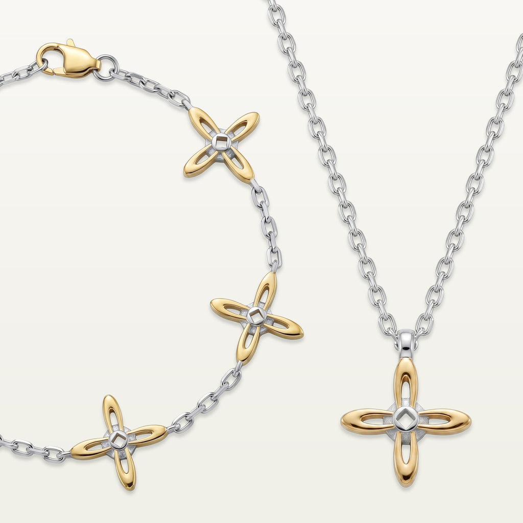 Ovis & Co. Celestial Set Two-Tone – Edelstahl-Armband mit 5 Anhängern und Kette mit 1 Anhänger in Silber und Gold, designed in Frankfurt.