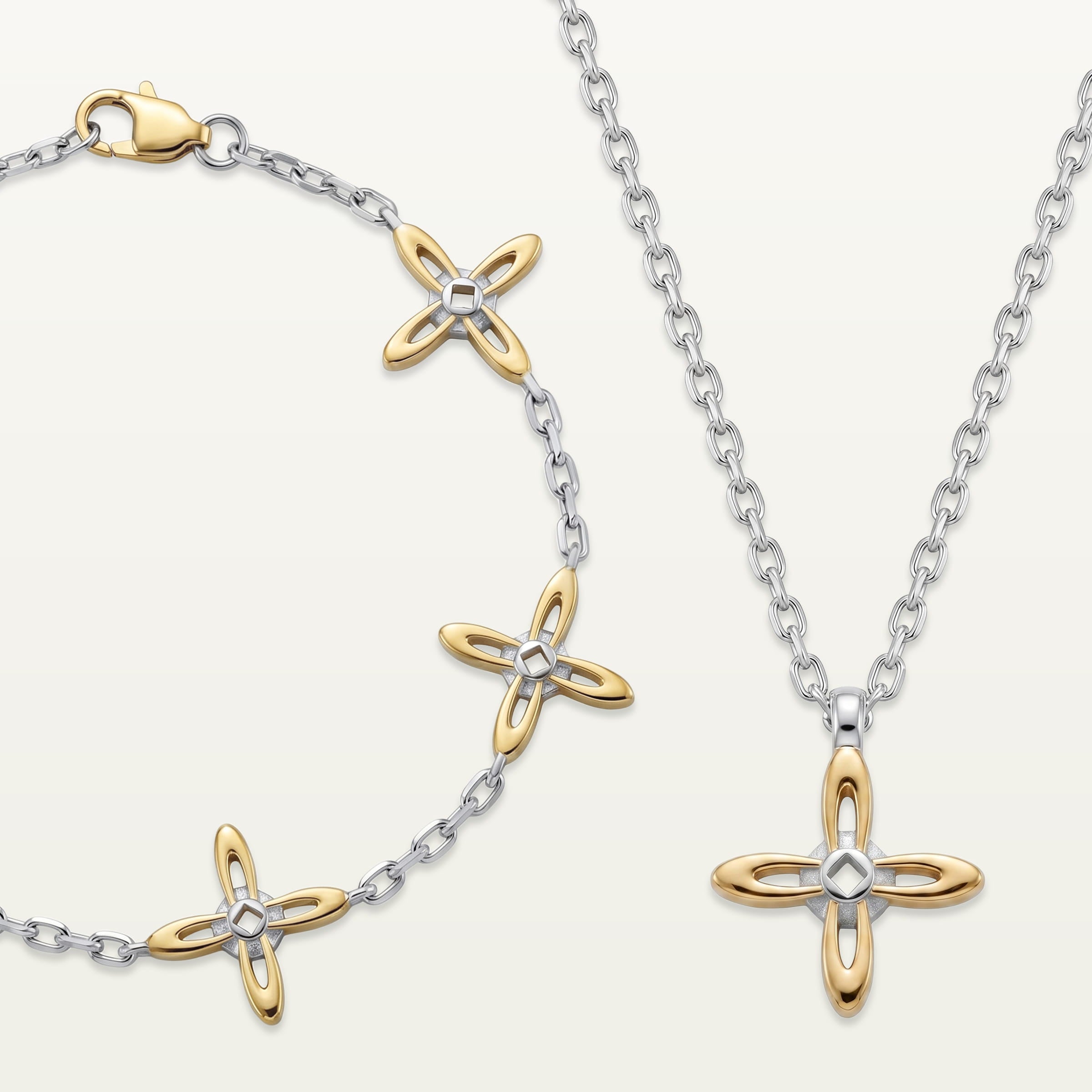 Ovis & Co. Celestial Set Two-Tone – Edelstahl-Armband mit 5 Anhängern und Kette mit 1 Anhänger in Silber und Gold, designed in Frankfurt.